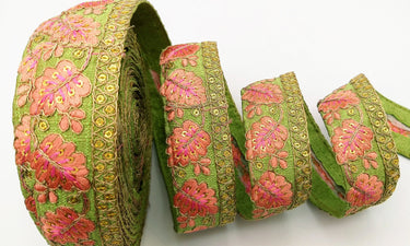 Green Trim with Floral Embroidery Peach Embroidered Leaves Trim, Decorative Trim, Indian Border